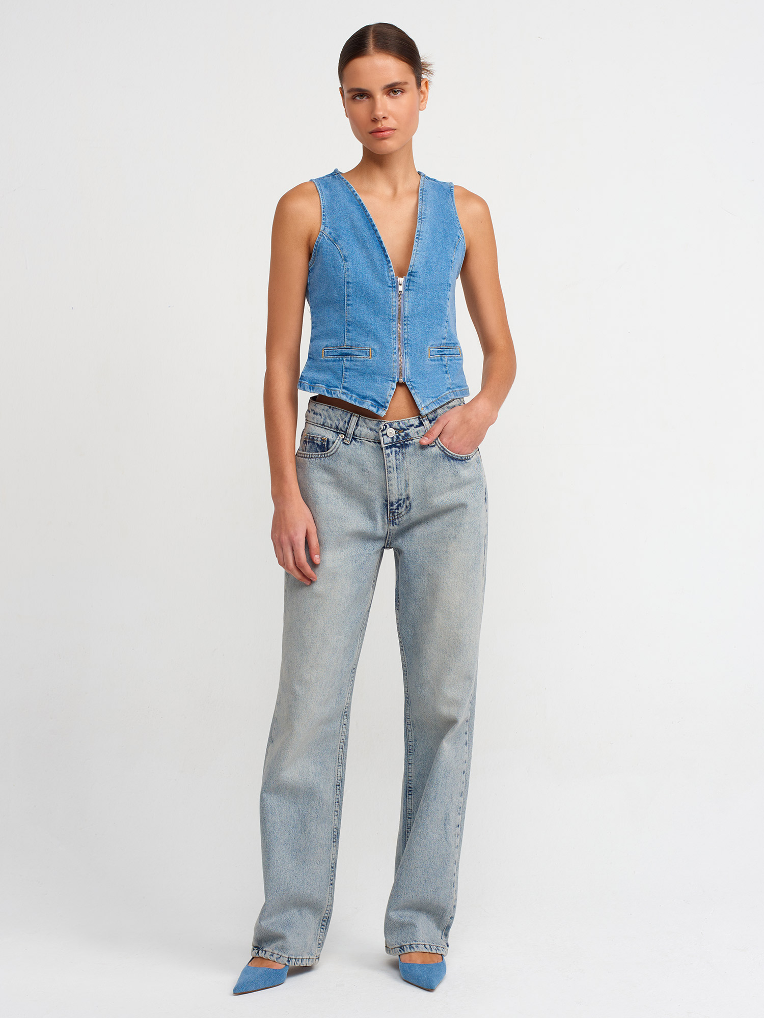 71426 %100 Pamuk Düşük Bel Kar Yıkama Straight  Denim Pantolon