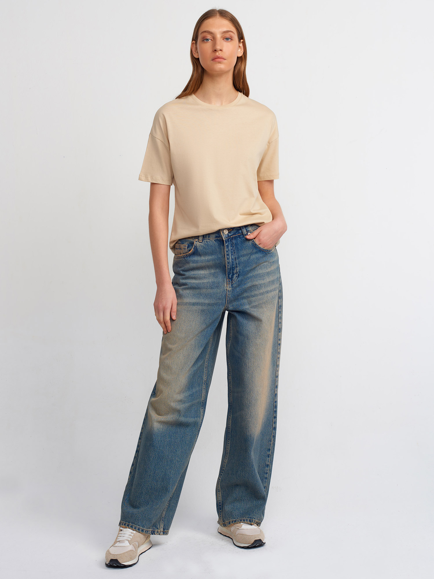 71409 %100 Pamuk Tint Yıkama Geniş Denim Pantolon