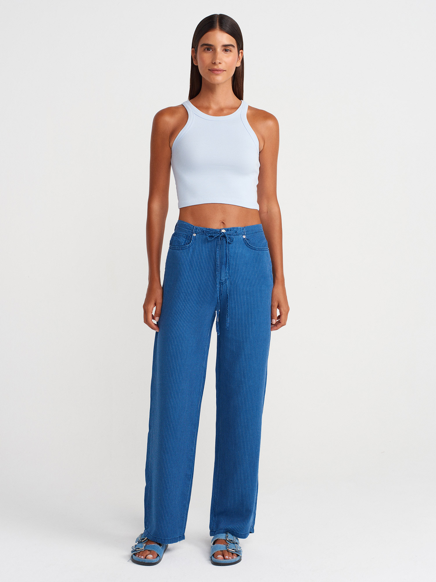72022 Çizgili Lyocell Denim Pantolon