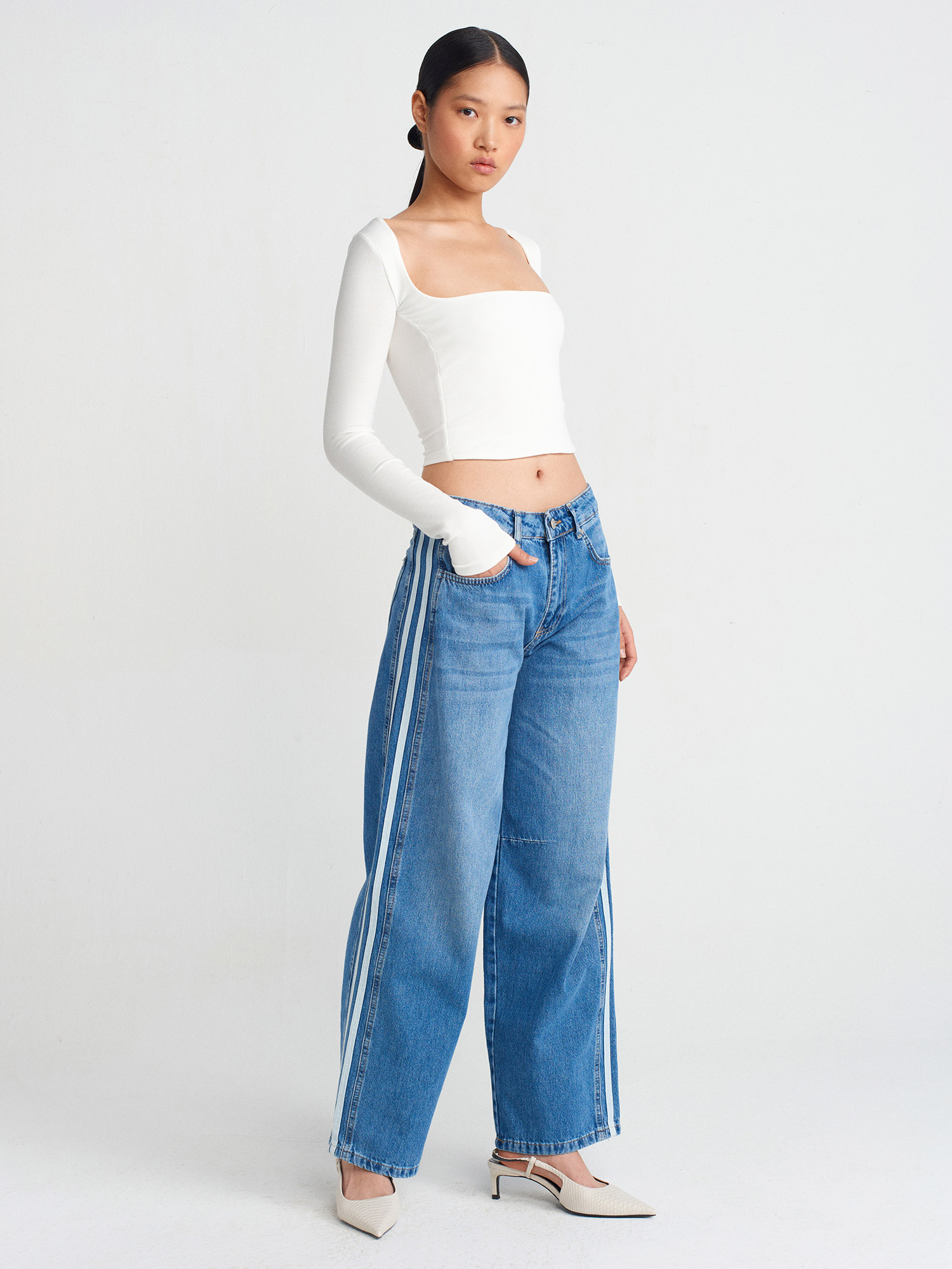71755 %100 Pamuk Yanı Şeritli Balon Denim Pantolon