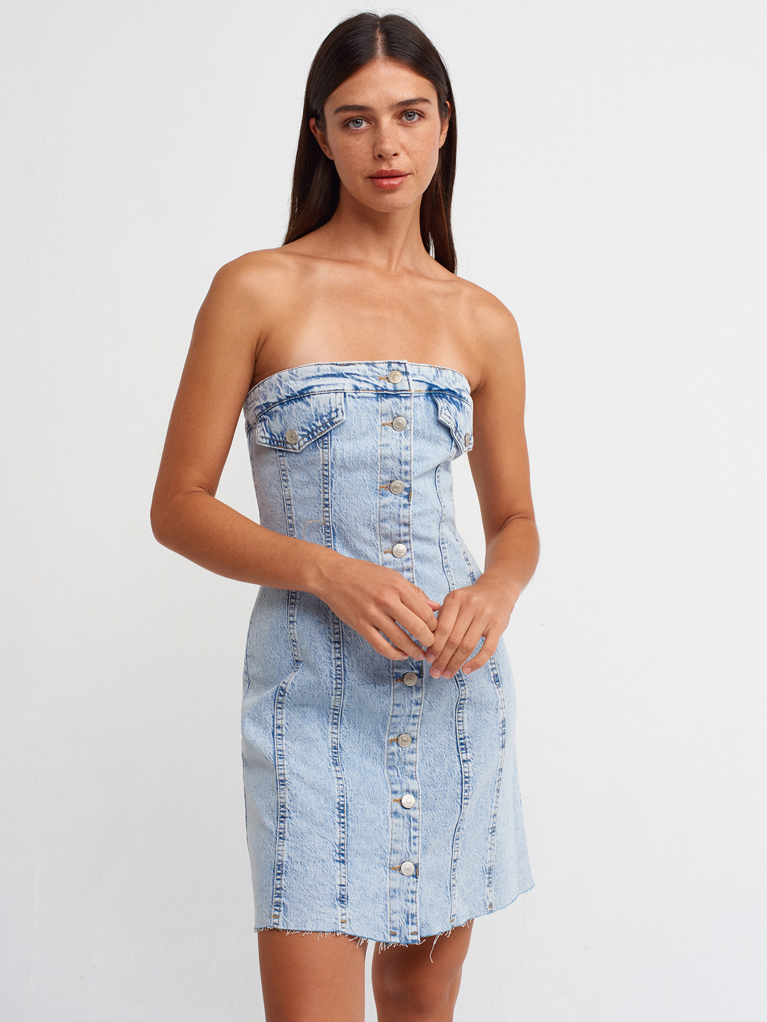 90524 Eteği Dikişsiz Kloş Denim Elbise