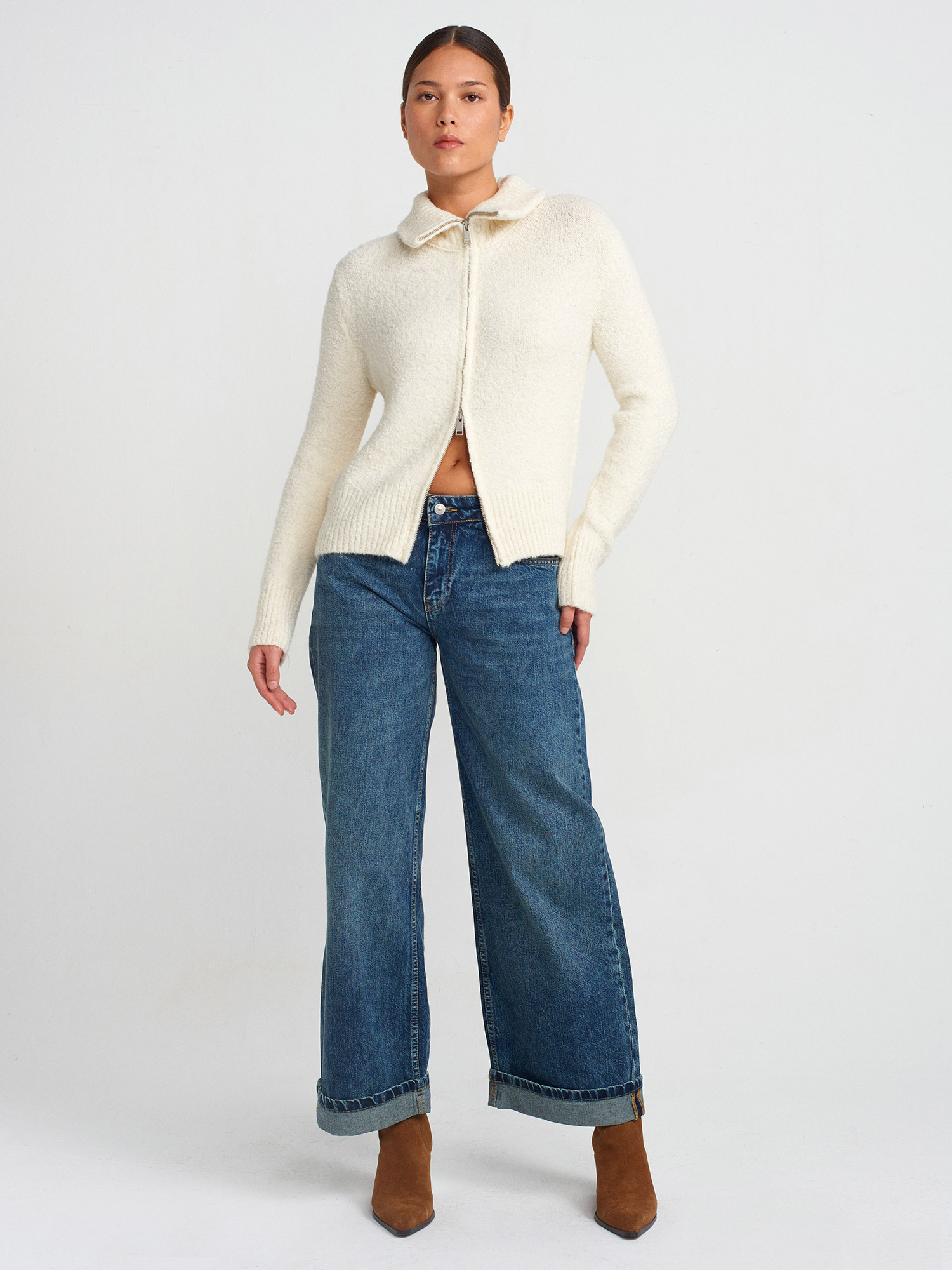 71743 %100 Pamuk Paçası Kıvrık Geniş Kesim Denim Pantolon