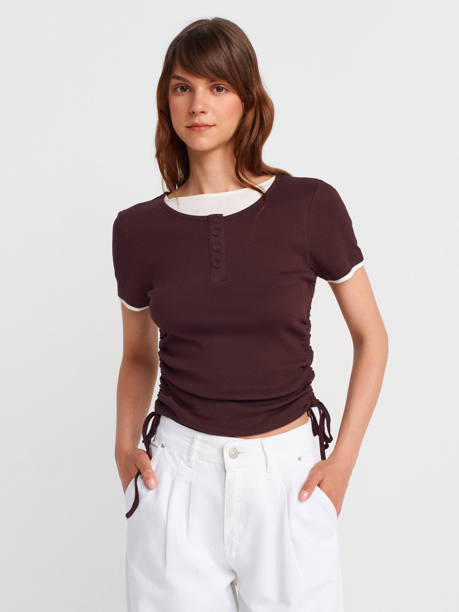 31816 %100 Pamuk Çift Katlı Büzgülü T-shirt