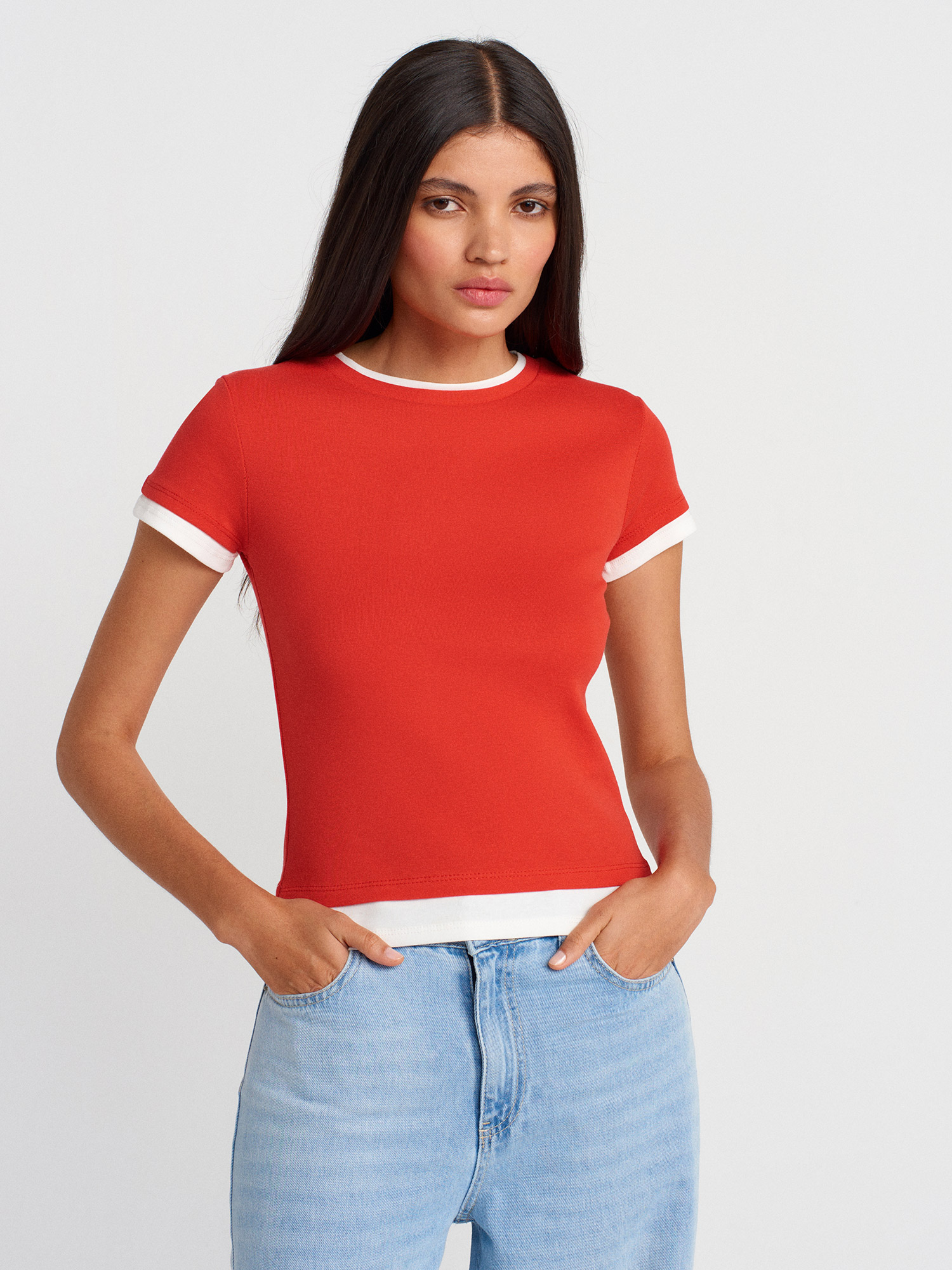 31859 %100 Pamuk Çift Görünümlü T-shirt