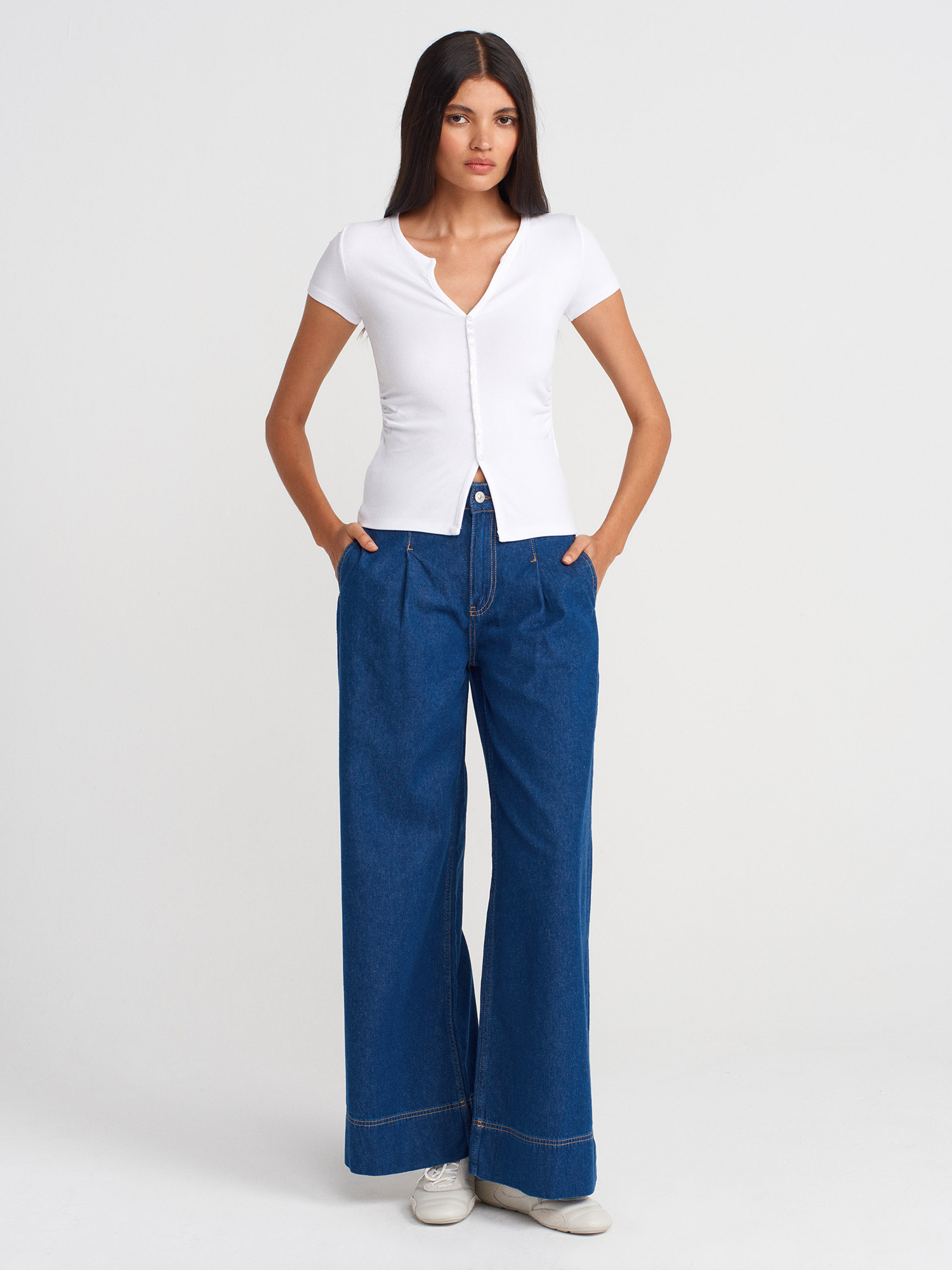 71984 %100 Pamuk Paçası Geniş Dikimli Pileli Denim Pantolon