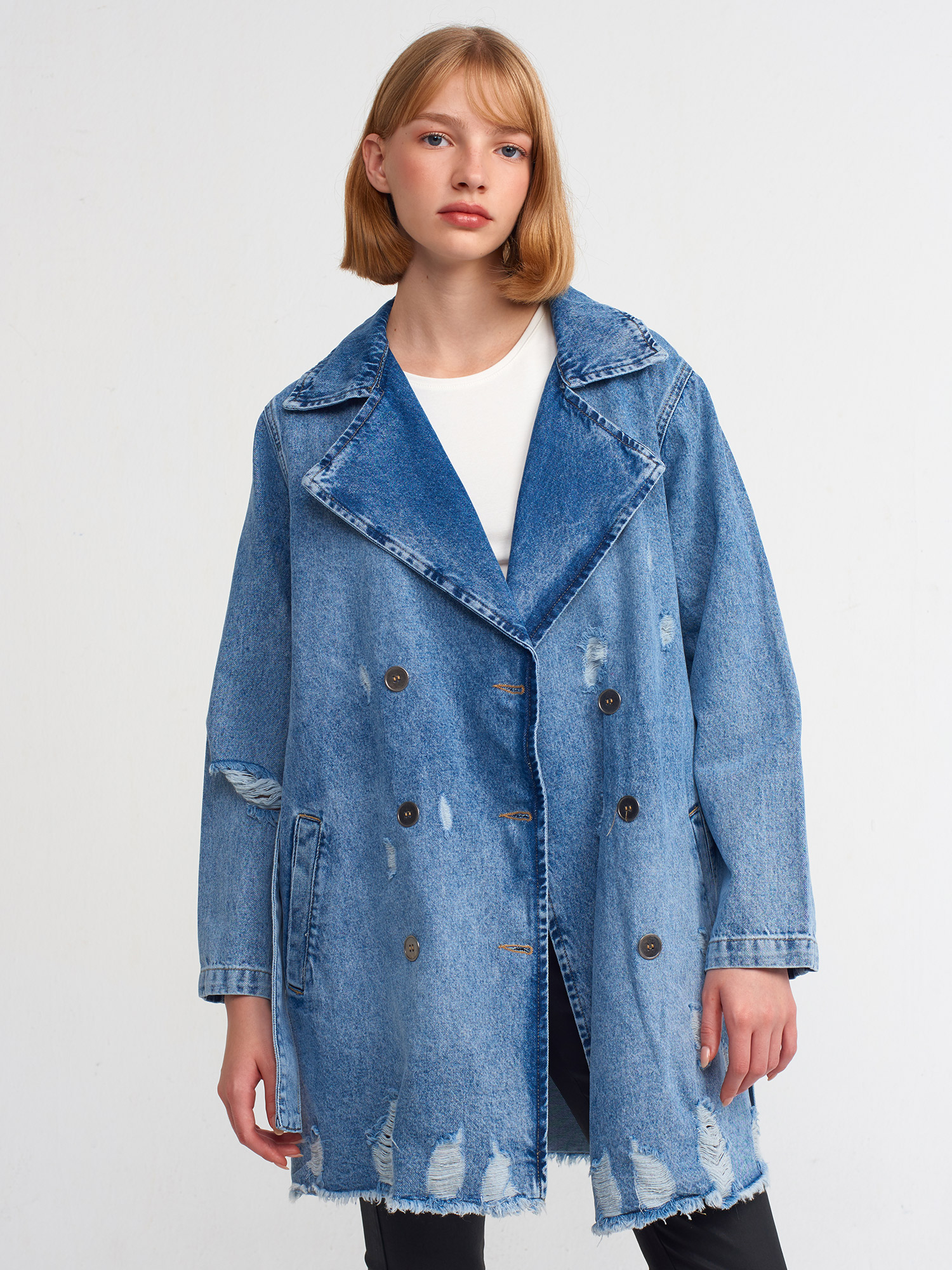65336 %100 Pamuk Metal Düğmeli Denim Trençkot