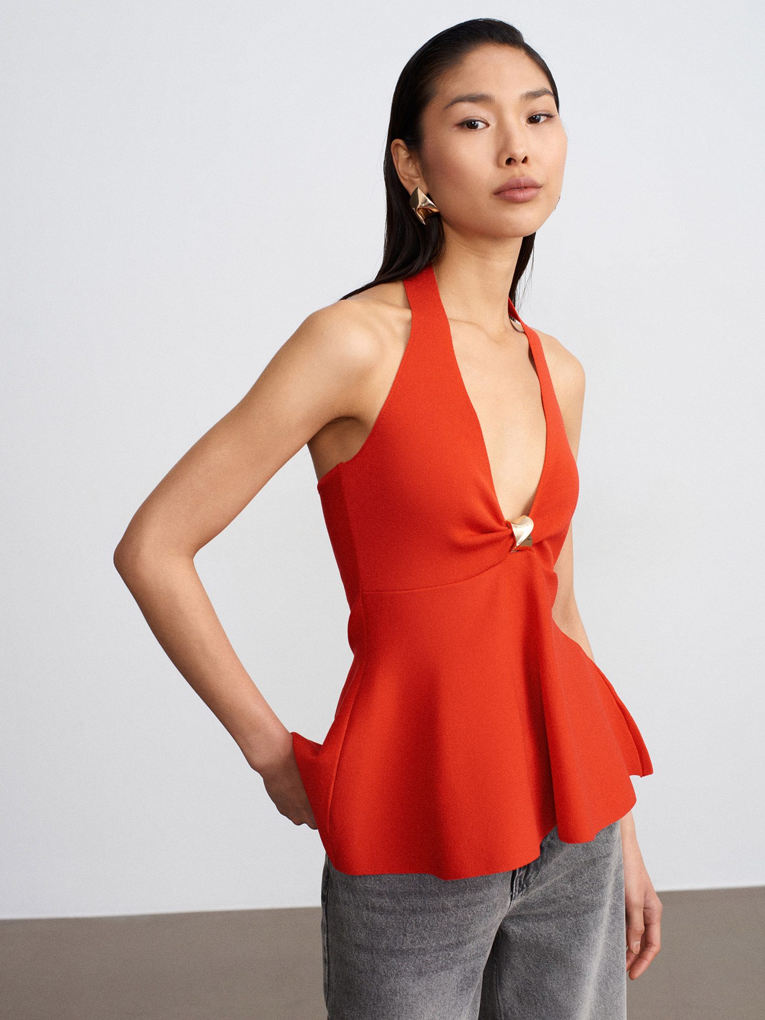 10787 Halter Yaka Peplum Triko Bluz