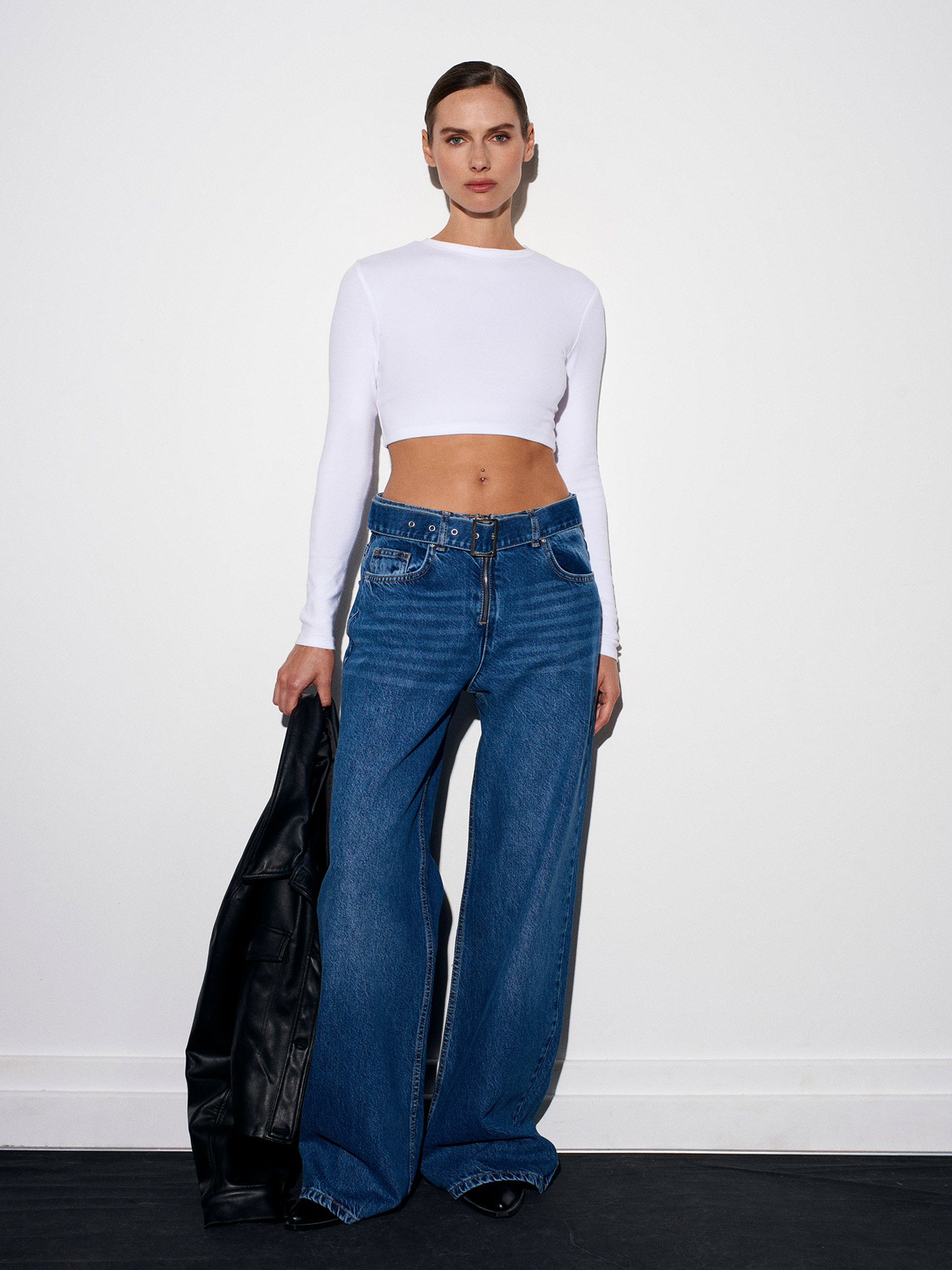 72076 %100 Pamuk Kemerli Wide Leg Jean