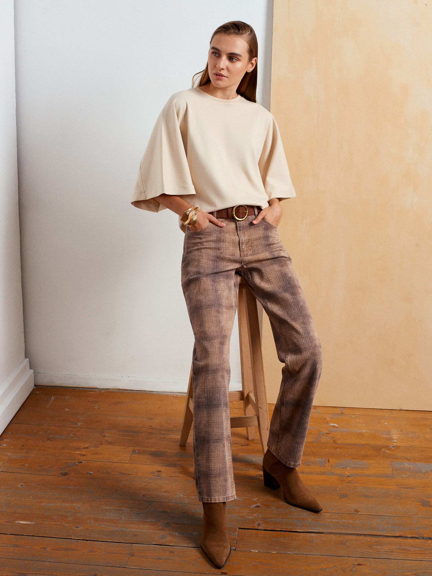 72066 %100 Pamuk Ekose Desenli Denim Pantolon
