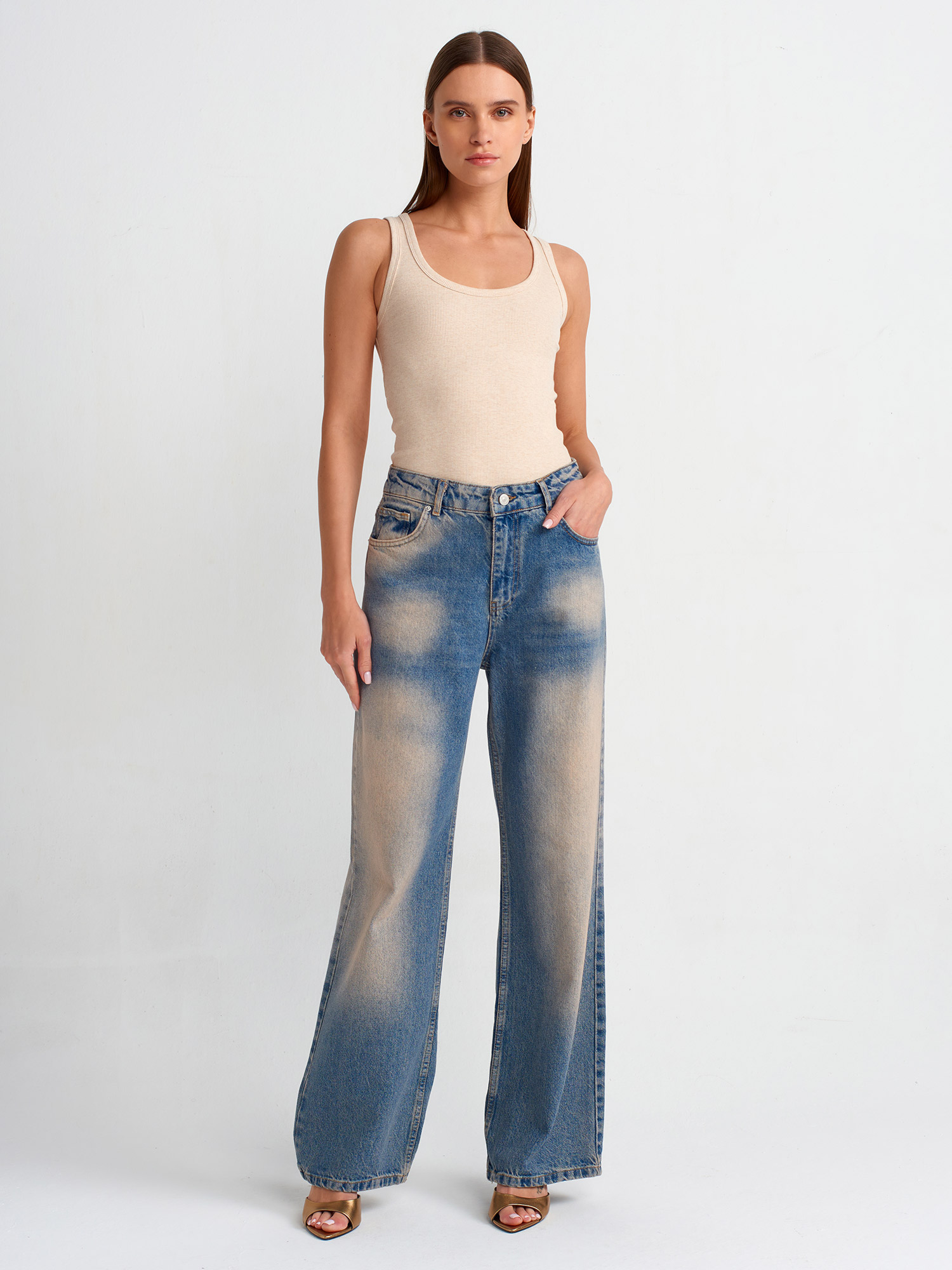 71474 %100 Pamuk Tint Yıkama Baggy Denim Pantolon