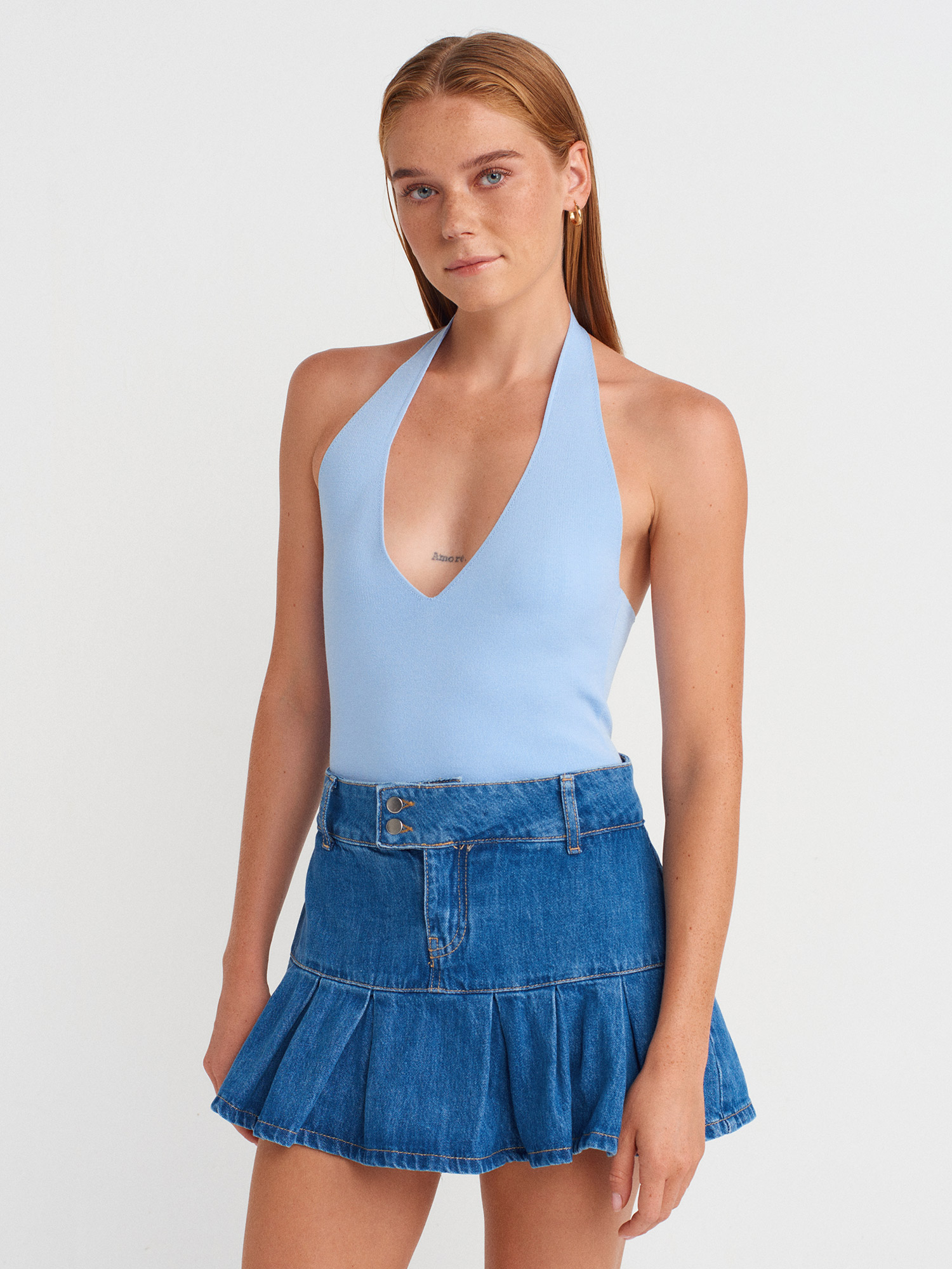 10794 Halter V Yaka Basıc Bluz